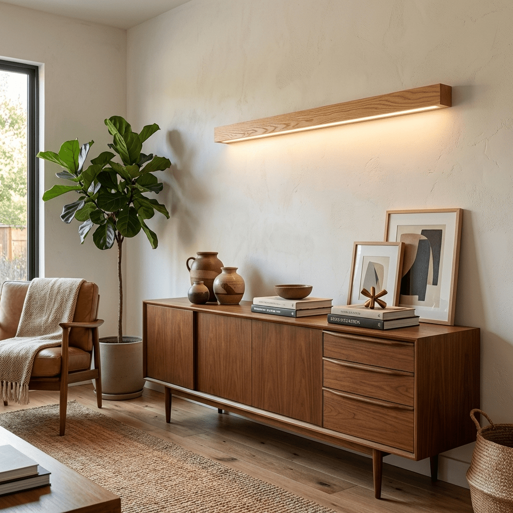 Lineare Wandleuchte aus Holz