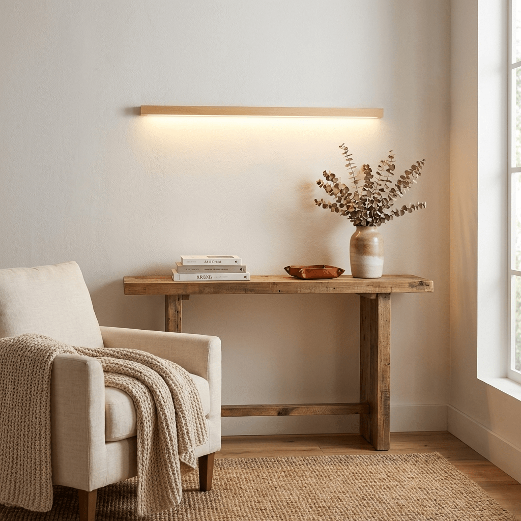 Lineare Wandleuchte aus Holz