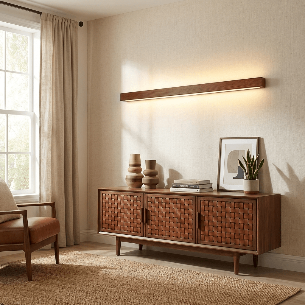 Lineare Wandleuchte aus Holz