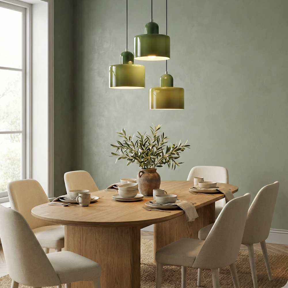 Geometrische Pendelleuchte aus Eisen und Glas