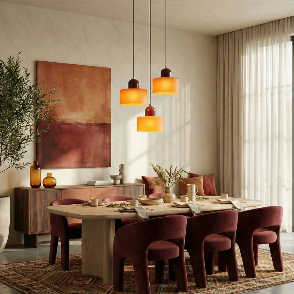 Geometrische Pendelleuchte aus Eisen und Glas