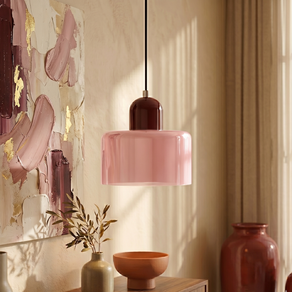 Geometrische Pendelleuchte aus Eisen und Glas