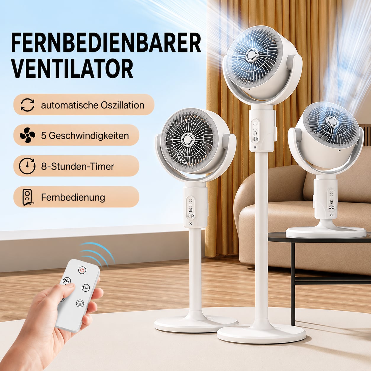 Leiser, höhenverstellbarer Standventilator