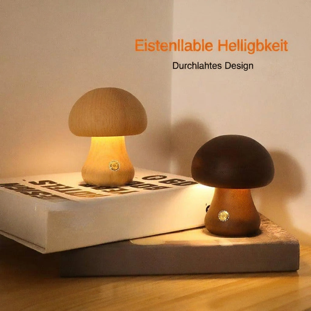 Tischlampe aus Naturholz in Pilzform