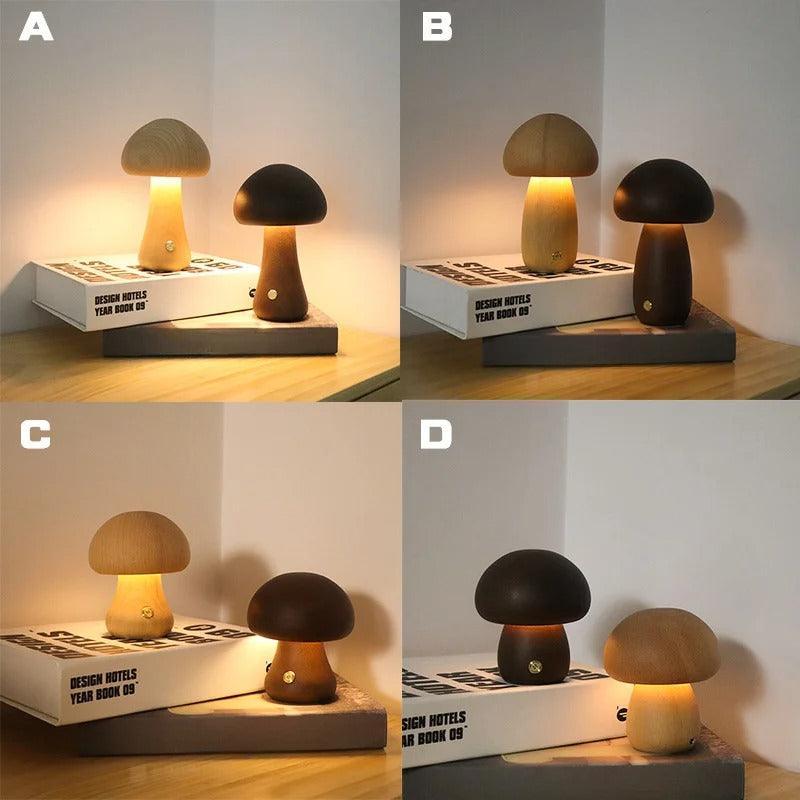 Tischlampe aus Naturholz in Pilzform